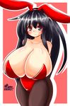  1girl akatsuki_(kantai_collection) ayazumi_flutter bare_shoulders black_eyes black_hair blush breasts bunny_ears bunny_girl bunnysuit collarbone female gigantic_breasts hair_ornament kantai_collection leotard long_hair looking_at_viewer pantyhose red sagging_breasts signature simple_background solo standing 