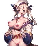  bare_shoulders belt blonde_hair blue_eyes blush breasts cucouroux_(granblue_fantasy) eyebrows eyebrows_visible_through_hair granblue_fantasy hair_ribbon hat heart heart_pasties long_hair looking_to_the_side maebari medium_breasts navel pasties redcomet ribbon simple_background solo twintails white_background 