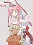  blush breasts cleavage cleavage_cutout dark_skin elphelt_valentine guilty_gear guilty_gear_xrd hat medium_breasts multiple_girls nekomegane open_mouth pink_hair ramlethal_valentine shiny short_hair siblings sisters smile white_hair yellow_eyes 