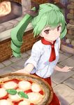  alternate_costume ame. anchovy apron ascot blush bow chef_uniform drill_hair fire firewood food girls_und_panzer green_hair grin hair_bow highres holding_pizza indoors long_hair looking_at_viewer outstretched_arm oven pizza red_eyes revision smile solo sparks twin_drills waist_apron wood 