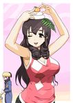 2girls ;d armpits brown_eyes brown_hair coat copyright_name earmuffs eyebrows food food_on_head fruit fruit_on_head gloves gloves_removed hat kagami_mochi long_hair looking_at_viewer mandarin_orange mio5 multiple_girls object_on_head ojisan_to_marshmallow one_eye_closed open_mouth otoi_rekomaru ponytail scarf sleeveless smile steam teapot thick_eyebrows vest wakabayashi_iori 