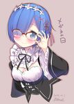  2016 artist_name bespectacled blue_eyes blue_hair blush breasts cleavage dated detached_sleeves glasses hair_behind_eyewear hair_ornament hair_over_one_eye hair_ribbon looking_at_viewer maid maid_headdress medium_breasts pikazo pink_ribbon re:zero_kara_hajimeru_isekai_seikatsu red-framed_eyewear rem_(re:zero) ribbon short_hair signature simple_background solo x_hair_ornament 