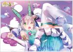  1girl ;o animal_ears atelier_(series) atelier_sophie_2 blue_dress border breasts commentary_request copyright_name detached_sleeves dress fake_animal_ears feet_out_of_frame flask green_eyes grey_hair hands_up liquid logo long_hair looking_at_viewer lying merchandise_available official_art on_back one_eye_closed open_mouth plachta second-party_source small_breasts soap_bubbles solo spill thighhighs white_border white_thighhighs yuugen 