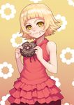  :t absurdres bakemonogatari bangs bare_shoulders blonde_hair blunt_bangs blush doughnut dress eating food food_on_face gonster highres kizumonogatari looking_at_viewer monogatari_(series) oshino_shinobu pointy_ears revision short_hair sleeveless sleeveless_dress smile solo spiked_hair yellow_eyes 