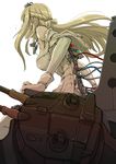  blonde_hair blurry boushi-ya braid breasts cable cannon chair crown cyborg depth_of_field french_braid from_below from_side jewelry kantai_collection long_hair long_sleeves looking_away machinery medium_breasts necklace off_shoulder revision simple_background solo subdermal_port thighhighs turret warspite_(kantai_collection) water_drop white_background white_legwear wire 