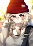  bag black_eyes blonde_hair braid collarbone glasses hat jewelry long_hair looking_at_viewer nail_polish necklace original outdoors semi-rimless_eyewear solo sweater twin_braids yuu_(higashi_no_penguin) 