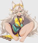  :d animal_ears barefoot blush erune fang feet full_body granblue_fantasy green_eyes grey_background grey_hair long_hair looking_at_viewer nemone open_mouth partially_visible_vulva simple_background smile solo very_long_hair yu-ves 