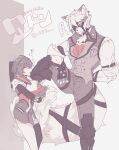  1boy 1girl against_wall animal_ear_fluff animal_ears animal_nose arm_behind_back arm_belt awestruck bangboo_(zenless_zone_zero) belle_(zenless_zone_zero) body_fur breast_pocket cardigan carrying closed_eyes closed_mouth collared_vest eous_(zenless_zone_zero) fingerless_gloves foot_against_wall foot_kabedon furry furry_male gloves height_difference hood hooded_cardigan kabedon leg_up light_smile long_sleeves looking_at_another multicolored_hair muted_color muzzle open_mouth pants pocket robot shirt short_hair single_thighhigh sio333_gn skirt snout sparkle spread_legs standing standing_on_one_leg tail tail_belt thighhighs translation_request two-tone_hair vest von_lycaon wolf_boy wolf_ears wolf_tail zenless_zone_zero 