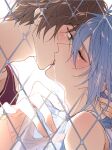  2boys adam's_apple arm_up bare_shoulders blue_hair blush bottle brown_hair chain-link_fence chinese_commentary closed_eyes commentary_request couple edmond_(nu_carnival) eiden_(nu_carnival) fence french_kiss hair_between_eyes hand_on_another's_neck highres holding kiss long_hair looking_at_another male_focus multiple_boys nu_carnival profile red_tank_top saliva saliva_trail shirt short_hair tank_top upper_body water_bottle white_background white_tank_top yaoi your_yanjiu 
