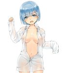  bangs blue_eyes blue_hair breasts cleavage commentary covered_nipples cum cum_in_mouth cum_on_body cum_on_breasts cum_on_upper_body eyes_visible_through_hair facial hair_ornament hair_over_one_eye highres long_sleeves looking_at_viewer medium_breasts naked_shirt navel okitanation open_mouth re:zero_kara_hajimeru_isekai_seikatsu rem_(re:zero) see-through shirt short_hair simple_background sleeves_past_wrists solo teardrop unbuttoned white_background white_shirt x_hair_ornament 