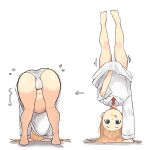  1girl absurdres all_fours ass blonde_hair blue_eyes cleft_of_venus handstand highres lab_coat long_hair lycoris_challenge_(meme) meme navel necktie nichijou one_arm_handstand panties professor_shinonome pussy red_necktie simple_background tongue tongue_out underwear upside-down white_background white_panties zlix0n 