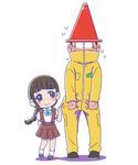  1girl arm_behind_back bangs blunt_bangs blush braid brown_hair child covering_mouth dress freckles fukai_(yas_lions) high_collar juushimatsu's_girlfriend matsuno_juushimatsu object_on_head osomatsu-kun osomatsu-san pinafore_dress ribbon simple_background sweat time_paradox traffic_cone tug white_background younger 