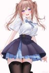  1girl alternate_hairstyle black_thighhighs blue_overskirt blue_ribbon blue_skirt breasts brown_hair commentary_request fingernails gakuen_idolmaster hatsuboshi_gakuen_school_uniform highres himesaki_rinami idolmaster long_hair looking_at_viewer medium_breasts neck_ribbon purple_eyes ribbon school_uniform shirt shirt_tucked_in short_sleeves simple_background skindentation skirt solo thighhighs twintails twitter_username very_long_hair white_background white_shirt yuuyu_(moco20111115) zettai_ryouiki 