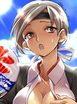  :o bangs blue_sky blush breasts brown_eyes chitose_(kantai_collection) cleavage cloud day fan grey_hair headband hot kantai_collection large_breasts long_hair looking_at_viewer low_ponytail paper_fan primary_stage sky solo summer sunlight sweat twitter_username uchiwa upper_body 