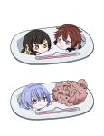  ._. 3girls aketa_mikoto animalization artisansg_lily black_hair blonde_hair blue_hair brown_hair chibi chibi_only cometik_(idolmaster) dog highres ice_mochi_(food) idolmaster idolmaster_shiny_colors ikaruga_luca ikuta_haruki looking_ahead looking_at_viewer multicolored_hair multiple_girls pink_dog streaked_hair suzuki_hana two-tone_hair v 