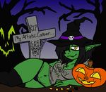  belly black_hair breasts candy candy_corn clothed clothing cobwebs colored crop_top cute detailed_background digital_media_(artwork) exotic fairy fantasy female festive food fruit ginae goblin goblin_girl grave green_skin hair halloween hat headstone holidays humanoid invalid_background invalid_tag jack_o&#039;_lantern lame_joke legwear looking_at_viewer lying mammal navel night not_furry october outside panties pointy_ears pumpkin shirt skull slightly_chubby smile solo spider_web spooky squishy stockings thick_thighs thigh_highs thong tree underwear wide_hips witch_hat yellow_eyes 