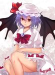  &gt;:) bangs bat_wings blue_hair bow bowtie brooch closed_mouth dress hat hat_ribbon highres jewelry looking_at_viewer mob_cap puffy_short_sleeves puffy_sleeves red_bow red_eyes red_neckwear red_ribbon remilia_scarlet ribbon short_hair short_sleeves smile solo touhou upper_body v-shaped_eyebrows white_dress wings x&amp;x&amp;x 