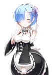  blue_hair blush breasts closed_eyes detached_sleeves domo1220 dress eyes_visible_through_hair flower frills hair_flower hair_ornament hair_over_one_eye hand_on_own_cheek maid maid_headdress medium_breasts neck_ribbon pink_ribbon purple_ribbon re:zero_kara_hajimeru_isekai_seikatsu rem_(re:zero) ribbon short_hair simple_background smile solo standing white_background x_hair_ornament 