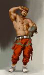  1boy armpit_hair bara beard belt black_hair chens_art engineer facial_hair full_beard goggles goggles_on_head green_belt highres muscular muscular_male original pants red_pants topless_male 
