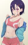  1girl absurdres blue_jacket breasts hair_ornament hairclip highres jacket large_breasts long_sleeves looking_at_viewer mikazuki_shizuka navel pink_eyes pink_shorts pink_sports_bra pomerachi purple_hair short_hair shorts solo sports_bra standing zom_100:_zombie_ni_naru_made_ni_shitai_100_no_koto 