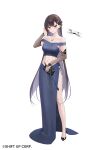  1girl bag bare_legs bare_shoulders blue_dress breasts bridal_gauntlets brown_hair cleavage collarbone dress drone earrings floral_print gloves goddess_of_victory:_nikke hair_ornament handbag high_heels highres holding holding_bag jewelry lace-trimmed_gloves lace_trim long_dress long_hair marciana_(nikke) medium_breasts multicolored_hair necklace off-shoulder_dress off_shoulder ohisashiburi rose_print stomach stomach_piercing toned_female two-tone_hair very_long_hair white_background 
