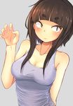  bangs blush breasts brown_eyes brown_hair claw_pose grey_background highres jovejun large_breasts long_hair looking_to_the_side medium_breasts original simple_background sleeveless solo tank_top tsubomioka_happa upper_body 