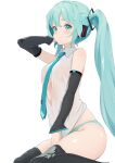  1girl absurdres aqua_eyes aqua_hair aqua_necktie black_sleeves black_thighhighs blush breasts closed_mouth detached_sleeves hair_between_eyes hatsune_miku headset highres long_hair necktie pomerachi see-through_clothes see-through_shirt shirt sitting skirt small_breasts smile solo thighhighs twintails very_long_hair vocaloid 