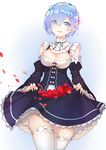  absurdres bangs blue_dress blue_eyes blue_hair breasts cleavage detached_collar detached_sleeves dress eyes_visible_through_hair flower frilled_dress frilled_legwear frilled_sleeves frills hair_ornament hair_over_one_eye hair_ribbon highres horz looking_at_viewer maid maid_headdress medium_breasts open_mouth petals pink_ribbon purple_ribbon re:zero_kara_hajimeru_isekai_seikatsu rem_(re:zero) ribbon rose rose_petals short_hair skirt_basket smile solo standing thighhighs thighs white_legwear x_hair_ornament zettai_ryouiki 