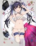  1girl :d \m/ animal_ears bag bangs bare_arms bare_shoulders black_hair blue_choker blue_eyes blue_ribbon bra cat_ears choker commentary_request frilled_bra frilled_panties frills groin hair_ribbon hand_up harunoibuki head_tilt heterochromia high_heels leg_garter leg_up long_hair looking_at_viewer navel open_mouth original panties petals pink_skirt ribbon shoes_removed side-tie_panties skindentation skirt skirt_removed smile solo standing standing_on_one_leg stomach thighhighs twintails twintails_day underwear white_bra white_legwear white_panties yellow_eyes 