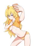  ahoge bad_id bad_pixiv_id blonde_hair blush breasts cellphone character_name cleavage groin groin_tendon highres hollowgom leaning_forward long_hair medium_breasts navel panties phone purple_eyes rwby self_shot shirt_lift solo underboob underwear white_background yang_xiao_long 