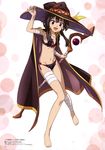  2016 absurdres bandages barefoot black_bra black_hair black_panties bra cape dated flat_chest frilled_bra frilled_panties frills full_body groin hat highres holding imaizumi_naoko kono_subarashii_sekai_ni_shukufuku_wo! looking_at_viewer megumin navel official_art open_mouth panties red_eyes red_ribbon ribbon short_hair_with_long_locks side-tie_panties sidelocks solo staff underwear underwear_only witch_hat 