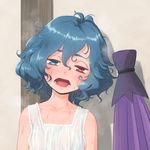  bangs blue_eyes blue_hair blush closed_umbrella collarbone frilled_shirt frills hair_between_eyes half-closed_eyes heterochromia highres hot karakasa_obake kitano_(kitanosnowwhite) messy_hair open_mouth purple_umbrella red_eyes saliva shirt short_hair sleeveless solo steam sweat tank_top tatara_kogasa tongue touhou umbrella upper_body wall white_shirt 