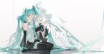  2girls aqua_eyes aqua_hair aqua_nails aqua_necktie black_skirt black_sleeves boots cyber_fashion detached_sleeves dual_persona electric_guitar guitar hair_ornament hatsune_miku hatsune_miku_(vocaloid3) headset highres instrument jiu_ye_sang kneeling long_hair looking_at_viewer multiple_girls necktie number_tattoo open_mouth platform_footwear pleated_skirt shirt shoulder_tattoo simple_background skirt sleeveless sleeveless_shirt smile string tattoo thigh_boots thighhighs tie_clip twintails very_long_hair vocaloid white_background white_shirt 