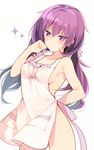  apron arm_behind_back blush breasts hair_ribbon long_hair looking_at_viewer low_twintails mayachi_(amuriya) medium_breasts naked_apron purple_eyes purple_hair ribbon sideboob smile solo sparkle twintails white_apron white_background 