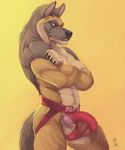  2016 abs animal_genitalia anthro athletic balls barely_contained biceps black_nose blue_eyes brown_fur bulge canine chest_tuft claws clothed clothing crossed_arms digital_media_(artwork) dog erection erection_under_clothes fangs fur german_shepherd gradient_background grey_fur jockstrap knot looking_at_viewer male mammal multicolored_fur muscular muscular_male naughty_face pan_gramercy pecs penis penis_outline portrait pose rrowdybeast sheath signature simple_background smile solo standing tan_fur teeth tenting three-quarter_portrait topless tuft underwear 