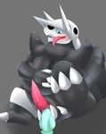  2016 aggron artist black_body blue_eyes dildo horn male masturbation nekozuki nintendo penis pok&eacute;mon precum sex_toy slightly_chubby smile solo tagme tongue tongue_out video_games 