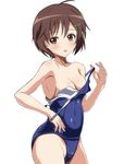  :o ahoge armpits arobiro bad_id bad_pixiv_id bangs blue_swimsuit blush brave_witches breasts brown_eyes brown_hair cleavage cowboy_shot from_side groin hair_ornament hairclip highleg highleg_swimsuit karibuchi_hikari looking_at_viewer old_school_swimsuit one-piece_swimsuit open_mouth pulled_by_self school_swimsuit short_hair simple_background small_breasts solo strap_pull surprised swimsuit swimsuit_pull undressing white_background world_witches_series 