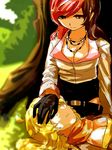  blonde_hair breasts brown_eyes brown_hair cleavage eyebrows_visible_through_hair gloves hand_over_another's_eyes heterochromia highres lap_pillow long_hair medium_breasts multicolored_hair multiple_girls neo_(rwby) outdoors pink_eyes pink_hair rwby sketch tl tree under_tree yang_xiao_long 