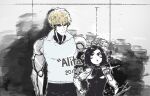 1boy 1girl 2019 alita alita:_battle_angel battle_angel_alita black_hair black_sclera blonde_hair colored_sclera crossover cyborg dated genos greyscale monochrome nyantcha one-punch_man partially_colored red_eyes short_hair signature 