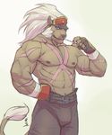  2016 5_fingers abs anthro belt biceps black_nose blue_eyes brown_fur bulge claws clothed clothing feline fingerless_gloves fur gloves hair hi_res lion looking_at_viewer male mammal muscular muscular_male navel nipples pants pecs rrowdybeast scar simple_background smile solo standing topless visor white_fur white_hair 