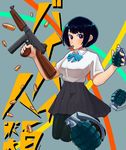  avril14the baibai_jinrui black_hair black_legwear bob_cut bullet explosive full_body grenade grenade_pin gun highres mayama_maya mole mole_under_eye pantyhose pleated_skirt purple_eyes school_uniform short_hair skirt solo submachine_gun thompson_submachine_gun weapon 