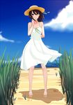  bad_id bad_pixiv_id beach day dress furutaka_(kantai_collection) hat kantai_collection looking_at_viewer lu_(nh054021) outdoors sandals smile solo standing sun_hat sundress water 