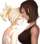  bare_shoulders blonde_hair blush braid breasts brown_hair closed_eyes closed_mouth collarbone eyebrows eyebrows_visible_through_hair face-to-face hair_tubes large_breasts mercy_(overwatch) multiple_girls overwatch perio_67 pharah_(overwatch) pink_lips ponytail short_hair side_braids simple_background sleeveless smile tank_top white_background yuri 