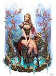  animal armor armored_boots artist_name backpack bag bare_shoulders bird blonde_hair boots breasts choker cleavage corset dospi fish fishing flower forest gradient_hair green_eyes highres koi large_breasts lips looking_at_viewer looking_down lotus medium_breasts miniskirt multicolored_hair nature navel original red_hair revealing_clothes sitting skirt sword wand water wavy_hair weapon 