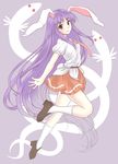  absurdly_long_hair animal_ears brown_footwear bunny_ears closed_mouth commentary_request full_body hattifattener highres kune-kune long_hair looking_at_viewer looking_to_the_side necktie purple_hair red_eyes red_skirt reisen_udongein_inaba shoes skirt smile solo touhou usagi_koushaku very_long_hair white_legwear 