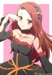  black_dress black_hairband brown_eyes brown_hair collarbone detached_sleeves dress hairband hand_in_hair idolmaster idolmaster_(classic) jewelry long_hair minase_iori neck_garter necklace ookami_maito smile solo strapless strapless_dress 