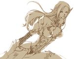  bare_shoulders belt boots chain dark_elf elf gordon_(tori63) lineage lineage_2 lips long_hair monochrome pointy_ears simple_background thigh_boots thighhighs 