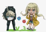  1boy 1girl ? ahoge bad_id bad_twitter_id bangs bikini_top blue_eyes blunt_bangs bracelet carrying_under_arm chibi danganronpa dark_skin ganguro green_eyes grey_background hands_on_own_cheeks hands_on_own_face headless jacket jewelry keebo long_hair low_twintails new_danganronpa_v3 okuragon robot silver_hair simple_background skirt spoken_exclamation_mark spoken_question_mark surprised swimsuit twintails white_hair yellow_jacket yonaga_angie 