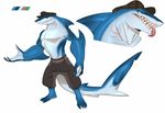 4_fingers 4_toes anthro arm_fins belt beret big_tail blue_shark blue_skin blue_tail clothed clothing color_swatch digital_media_(artwork) dorsal_fin eyebrow_piercing facial_piercing fin fin_piercing fish furgonomics furry-specific_piercing green_eyes hat long_tail male marine model_sheet multicolored_skin nose_piercing open_mouth pants piercing pink_tongue plantigrade shark sharp_teeth simple_background solo standing tail_fin teeth toes tongue tongue_out tongue_piercing topless treats two_tone_skin two_tone_tail white_background white_skin white_tail 