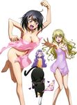  anna_clement arm_up armpits black_hair blonde_hair blue_eyes bow bow_panties breasts brown_eyes cat cleavage clothes_theft code_geass code_geass:_boukoku_no_akito collarbone convenient_leg groin highres kousaka_ayano leila_(code_geass) long_hair medium_breasts mouth_hold multiple_girls naked_towel navel open_mouth orange_towel panties panties_in_mouth panties_removed pink_towel print_panties purple_hair purple_panties purple_towel short_hair simple_background theft towel towel_slip underwear underwear_theft white_background 